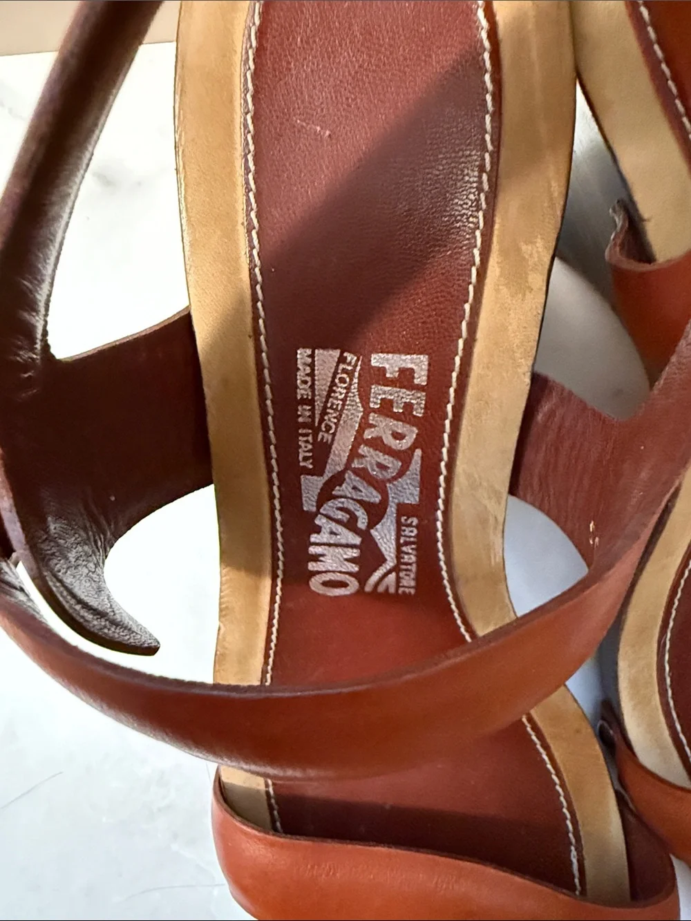 Salvatore Ferragamo Cognac Leather Slingback Sandals